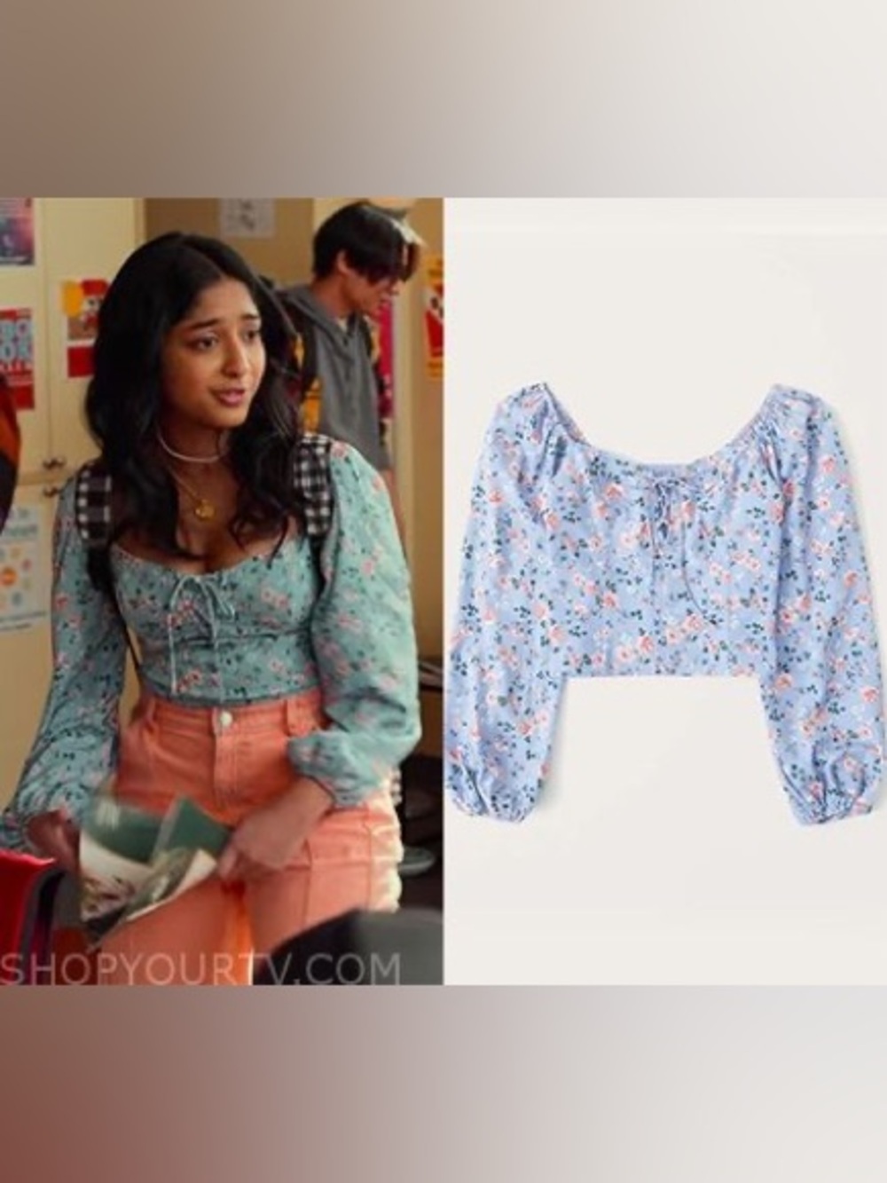 Abercrombie & Fitch Puff Sleeve Lace-Up Sweetheart Blouse in Light Blue Floral